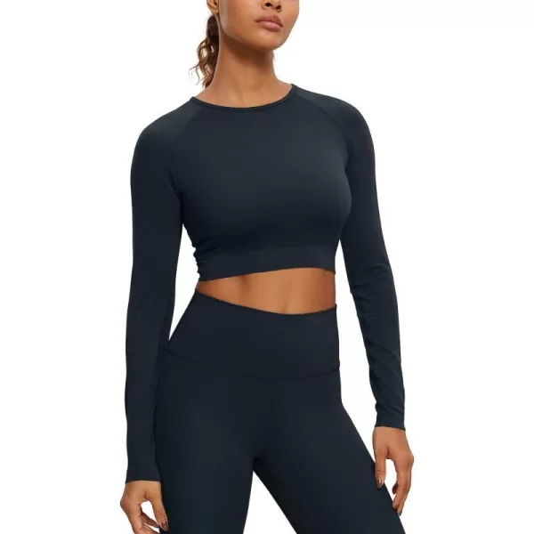 CRZ YOGA Seamless Long Sleeve Shirts for Women Ribbed Workout Tops Athletic Crop Tops Cropped Running Gym ShirtsTrue Navy