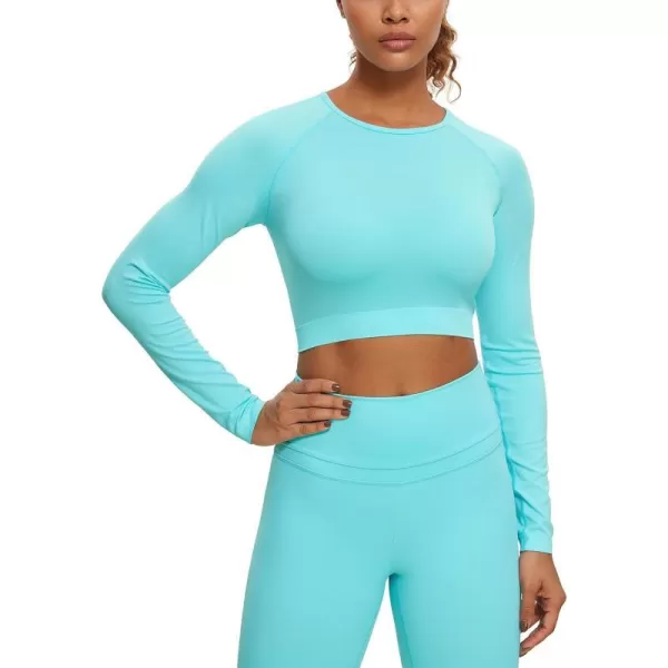 CRZ YOGA Seamless Long Sleeve Shirts for Women Ribbed Workout Tops Athletic Crop Tops Cropped Running Gym ShirtsTurquoise