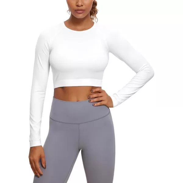 CRZ YOGA Seamless Long Sleeve Shirts for Women Ribbed Workout Tops Athletic Crop Tops Cropped Running Gym ShirtsWhite