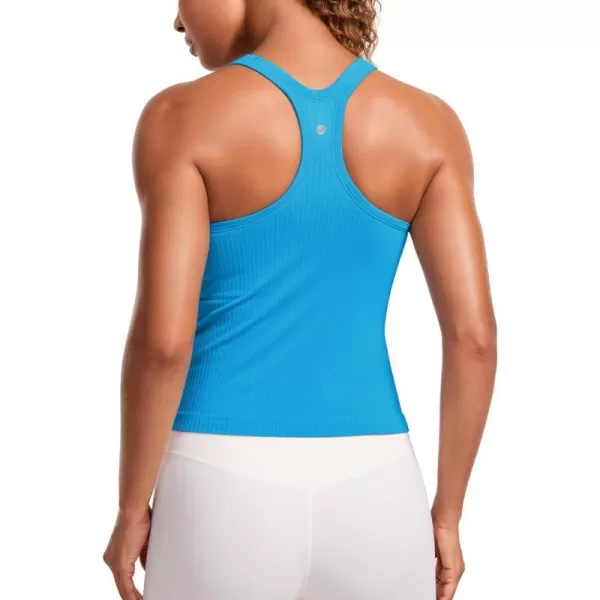 CRZ YOGA Seamless Ribbed Womens Tank Top Racerback Camisoles with Built in Bra Padded Scoop Neck Athletic Workout Slim TanksMadagascar Blue