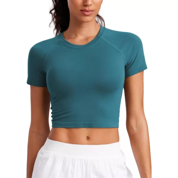 CRZ YOGA Seamless Womens Short Sleeve Crop Tops Breathable Slim Fit Gym Workout Shirts Athletic Running Basic Tee TopGreen Jade