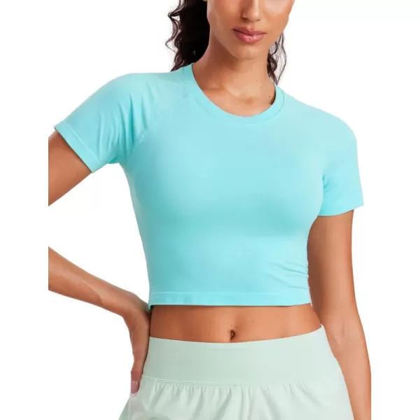 CRZ YOGA Seamless Womens Short Sleeve Crop Tops Breathable Slim Fit Gym Workout Shirts Athletic Running Basic Tee TopTurquoise