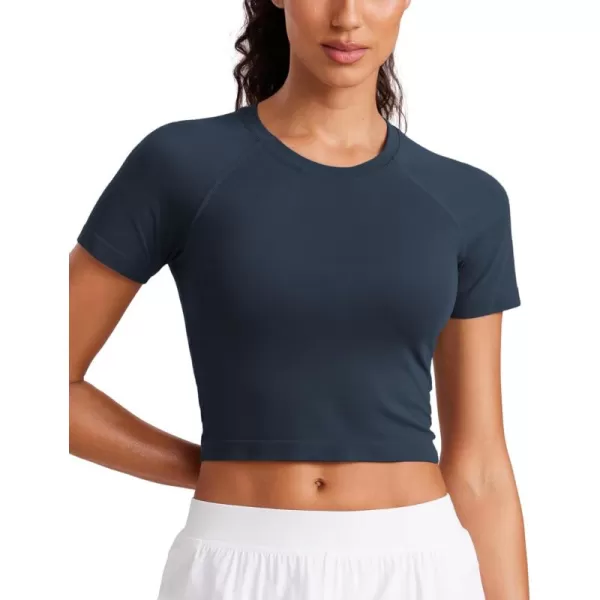 CRZ YOGA Seamless Womens Short Sleeve Crop Tops Breathable Slim Fit Gym Workout Shirts Athletic Running Basic Tee TopTwilight Blue