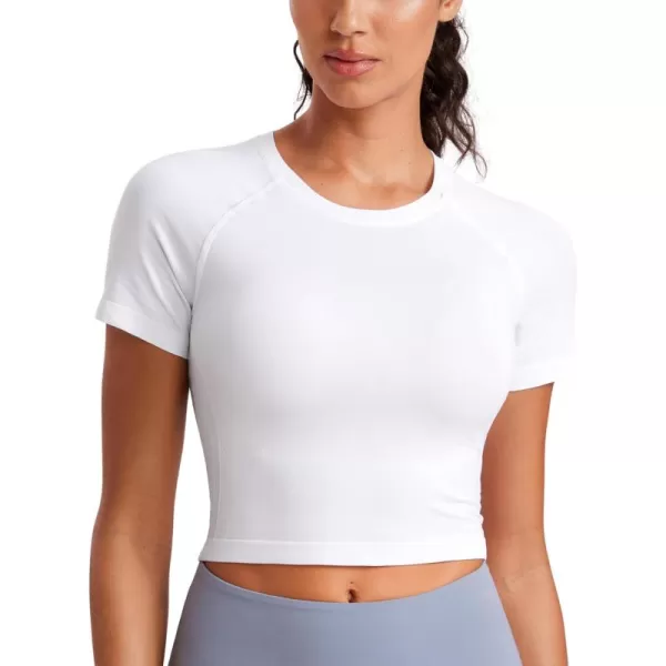 CRZ YOGA Seamless Womens Short Sleeve Crop Tops Breathable Slim Fit Gym Workout Shirts Athletic Running Basic Tee TopWhite