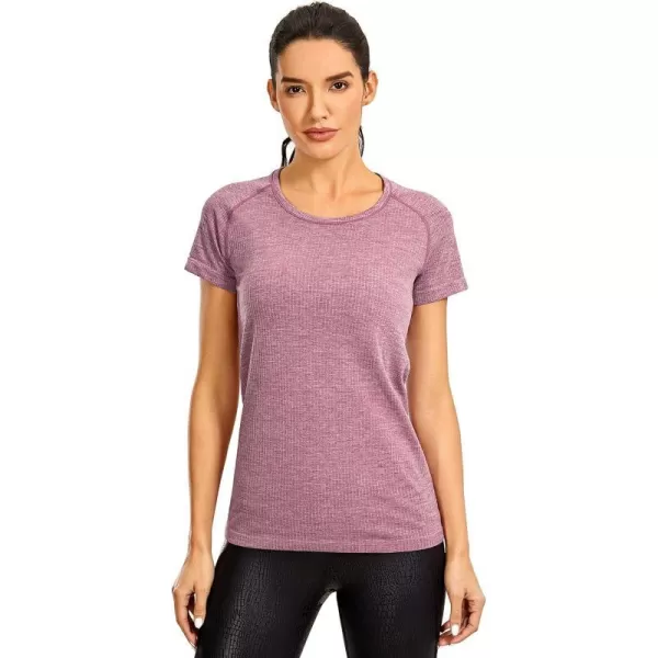 CRZ YOGA Seamless Workout Shirts for Women Short Sleeve Sports Tees Quick Dry Breathable Gym Athletic TopsMisty Merlot Shallow Flower Ash