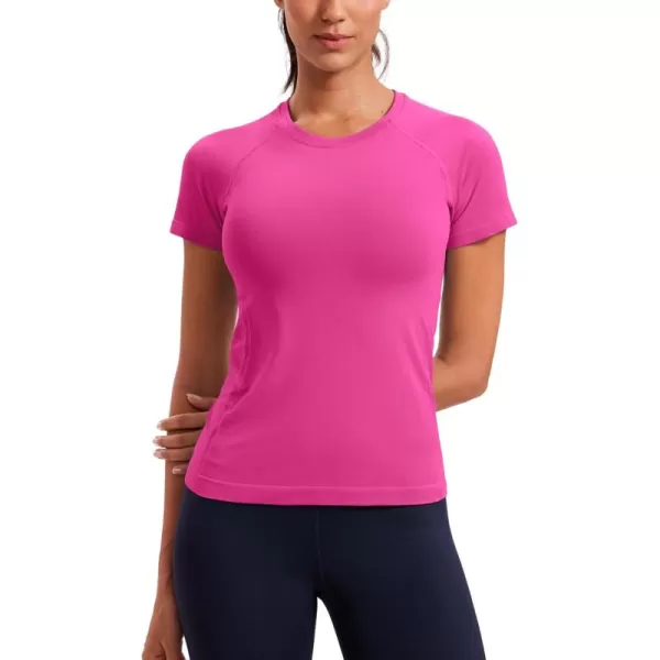 CRZ YOGA Seamless Workout Tops for Women Short Sleeve Athletic Tees Breathable Gym Running Yoga Tshirts ShirtsHibiscus Purple