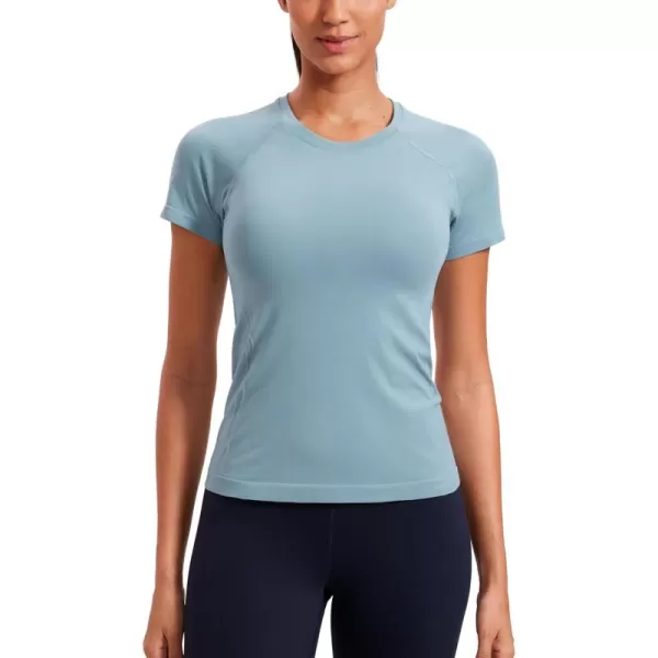 CRZ YOGA Seamless Workout Tops for Women Short Sleeve Athletic Tees Breathable Gym Running Yoga Tshirts ShirtsPure Blue