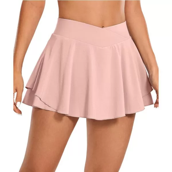 CRZ YOGA Tennis Skirts for Women Crossover High Waisted Ruffle Layered Workout Athletic Golf Skort Skirts with PocketsPuff Pink