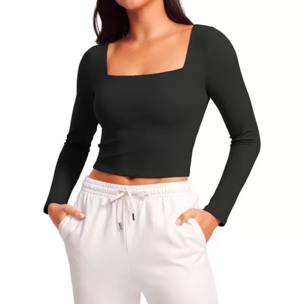 CRZ YOGA Womens Butterluxe Double Lined Long Sleeve Crop Top Square Neck Workout Athletic Casual Cropped Fitted Basic ShirtsBlack