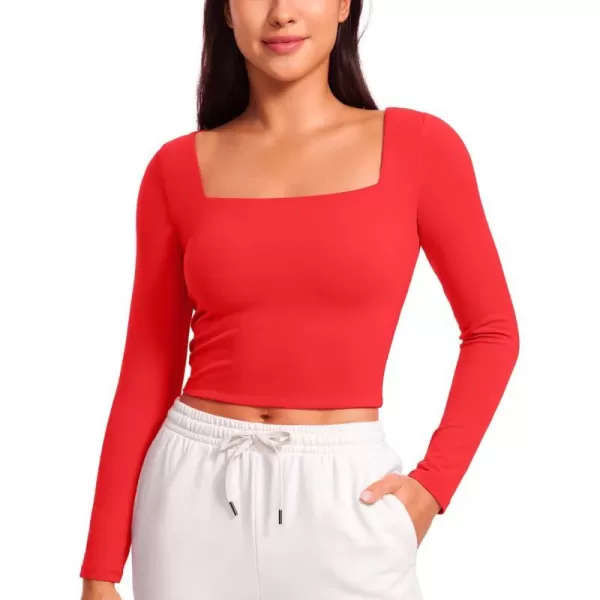 CRZ YOGA Womens Butterluxe Double Lined Long Sleeve Crop Top Square Neck Workout Athletic Casual Cropped Fitted Basic ShirtsDeep Red