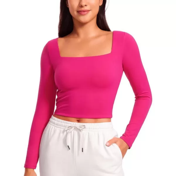 CRZ YOGA Womens Butterluxe Double Lined Long Sleeve Crop Top Square Neck Workout Athletic Casual Cropped Fitted Basic ShirtsGranita Pink