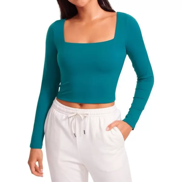 CRZ YOGA Womens Butterluxe Double Lined Long Sleeve Crop Top Square Neck Workout Athletic Casual Cropped Fitted Basic ShirtsGreen Jade