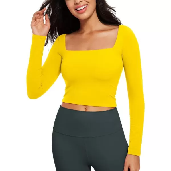 CRZ YOGA Womens Butterluxe Double Lined Long Sleeve Crop Top Square Neck Workout Athletic Casual Cropped Fitted Basic ShirtsHigh Visibility Yellow