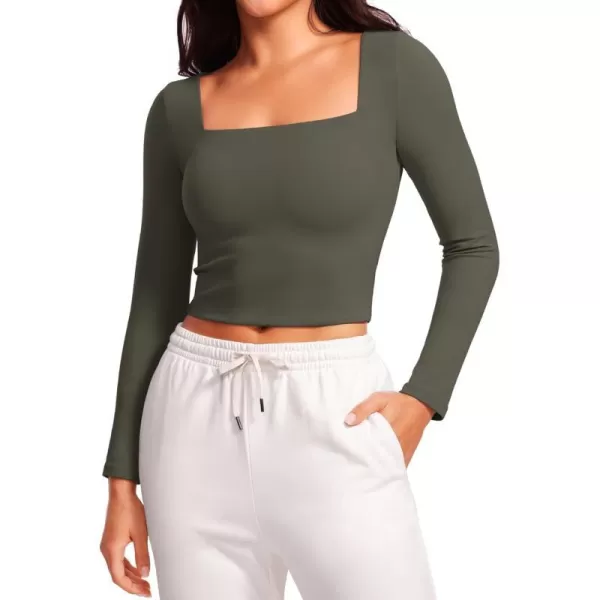 CRZ YOGA Womens Butterluxe Double Lined Long Sleeve Crop Top Square Neck Workout Athletic Casual Cropped Fitted Basic ShirtsLight Army Green