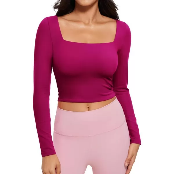 CRZ YOGA Womens Butterluxe Double Lined Long Sleeve Crop Top Square Neck Workout Athletic Casual Cropped Fitted Basic ShirtsMagenta Purple