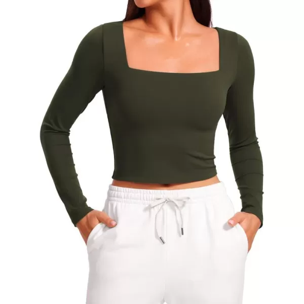 CRZ YOGA Womens Butterluxe Double Lined Long Sleeve Crop Top Square Neck Workout Athletic Casual Cropped Fitted Basic ShirtsOlive Green