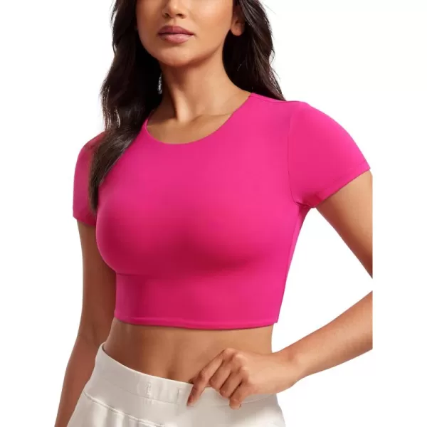 CRZ YOGA Womens Butterluxe Double Lined Short Sleeve Crop Tops Crew Neck Casual Workout TShirt Cute Basic TeeGranita Pink