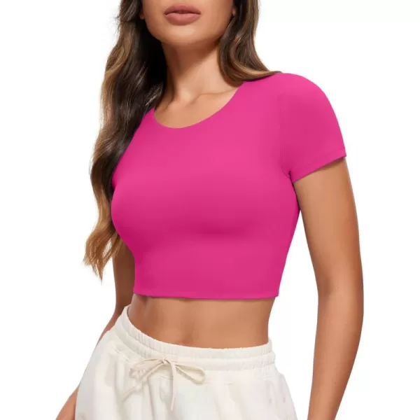 CRZ YOGA Womens Butterluxe Double Lined Short Sleeve Crop Tops Crew Neck Casual Workout TShirt Cute Basic TeeHibiscus Purple