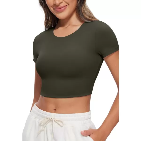 CRZ YOGA Womens Butterluxe Double Lined Short Sleeve Crop Tops Crew Neck Casual Workout TShirt Cute Basic TeeOlive Green