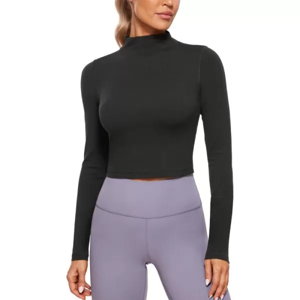 CRZ YOGA Womens Butterluxe Mock Turtleneck Long Sleeves Crop Tops Slim Fit Athletic Workout Casual Base Layer ShirtsBlack