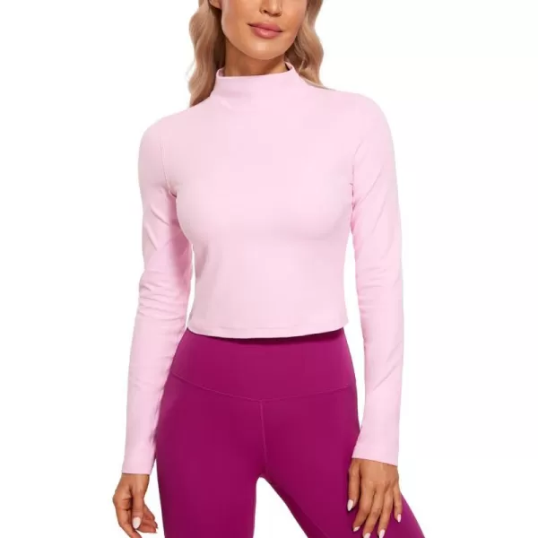 CRZ YOGA Womens Butterluxe Mock Turtleneck Long Sleeves Crop Tops Slim Fit Athletic Workout Casual Base Layer ShirtsPink Peony