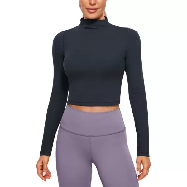 CRZ YOGA Womens Butterluxe Mock Turtleneck Long Sleeves Crop Tops Slim Fit Athletic Workout Casual Base Layer ShirtsTrue Navy