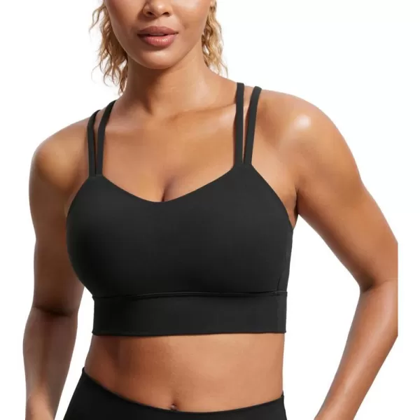 CRZ YOGA Womens Butterluxe Strappy Longline Sports Bra  Molded Cup Double Spaghetti Strap Workout Bra Yoga Crop Tank TopBlack