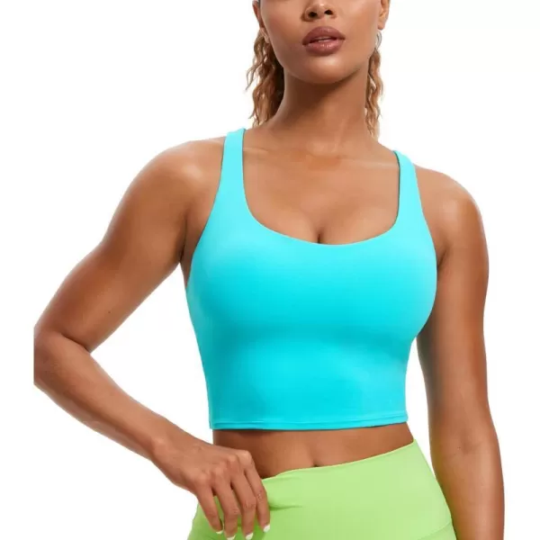 CRZ YOGA Womens Butterluxe Strappy Longline Sports Bra  Padded Criss Cross Yoga Bra Workout Crop Tank TopsNeonspectral Blue