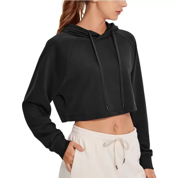 CRZ YOGA Womens Casual Cropped Hoodie Long Sleeves Drawstring Sweatshirts Cute Pullover Workout Crop TopsBlack