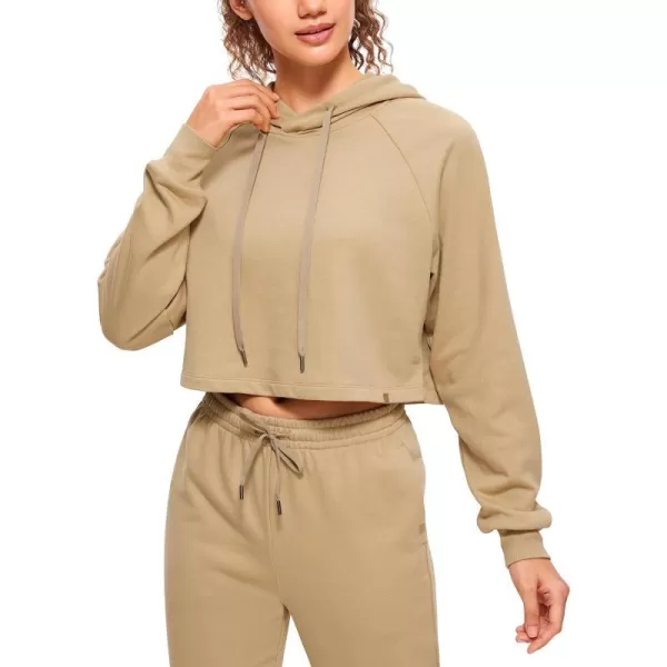 CRZ YOGA Womens Casual Cropped Hoodie Long Sleeves Drawstring Sweatshirts Cute Pullover Workout Crop TopsCalifornia Sand