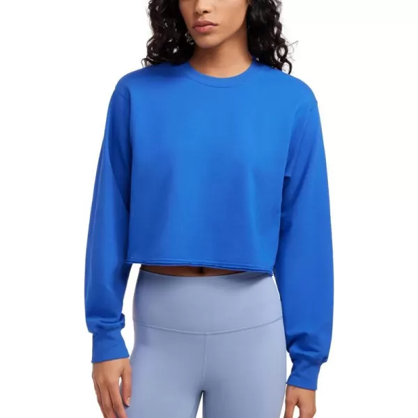 CRZ YOGA Womens Fleece Cropped Sweatshirts Crewneck Long Sleeve Sweat Shirts Double Raw Hem Workout Casual Pullover TopsSparkle Blue