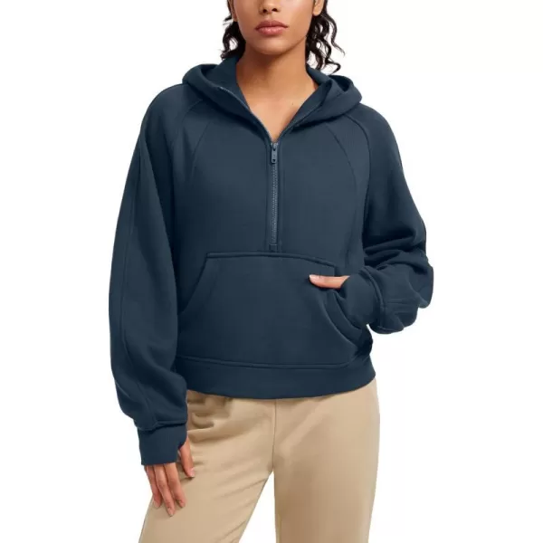 CRZ YOGA Womens Fleece Lined Half Zip Hoodies Pullover Oversized Long Sleeve Casual Workout Sweatshirts with Thumb HolesInk Blue