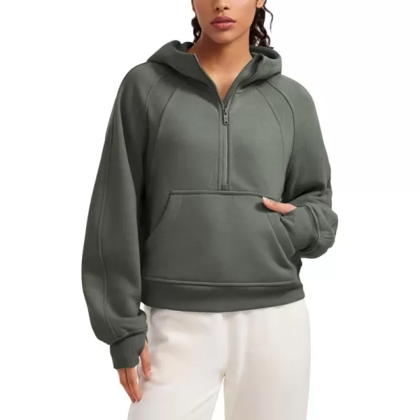 CRZ YOGA Womens Fleece Lined Half Zip Hoodies Pullover Oversized Long Sleeve Casual Workout Sweatshirts with Thumb HolesLight Army Green