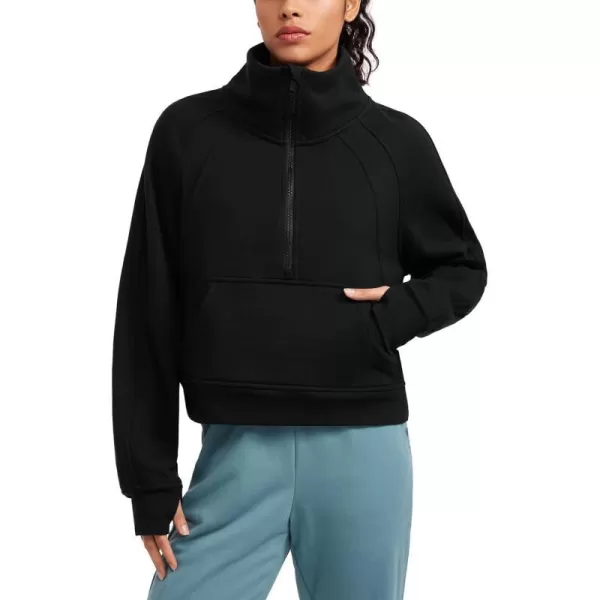 CRZ YOGA Womens Fleece Lined Half Zipper Sweatshirts Funnel Neck Long Sleeve Oversized Pullover Hoodies with Thumb HolesBlack