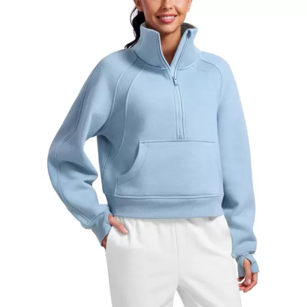 CRZ YOGA Womens Fleece Lined Half Zipper Sweatshirts Funnel Neck Long Sleeve Oversized Pullover Hoodies with Thumb HolesCambric Blue