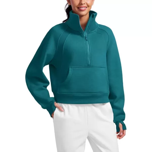 CRZ YOGA Womens Fleece Lined Half Zipper Sweatshirts Funnel Neck Long Sleeve Oversized Pullover Hoodies with Thumb HolesGreen Jade