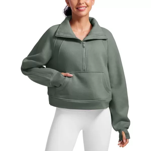 CRZ YOGA Womens Fleece Lined Half Zipper Sweatshirts Funnel Neck Long Sleeve Oversized Pullover Hoodies with Thumb HolesGrey Sage