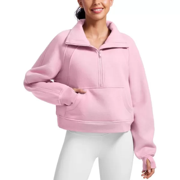 CRZ YOGA Womens Fleece Lined Half Zipper Sweatshirts Funnel Neck Long Sleeve Oversized Pullover Hoodies with Thumb HolesPink Peony