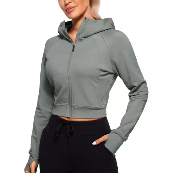 CRZ YOGA Womens Fleece Zip Up Cropped Hoodie Workout Jacket Athletic Casual Long Sleeve Sweatshirts with Thumb HolesGrey Sage