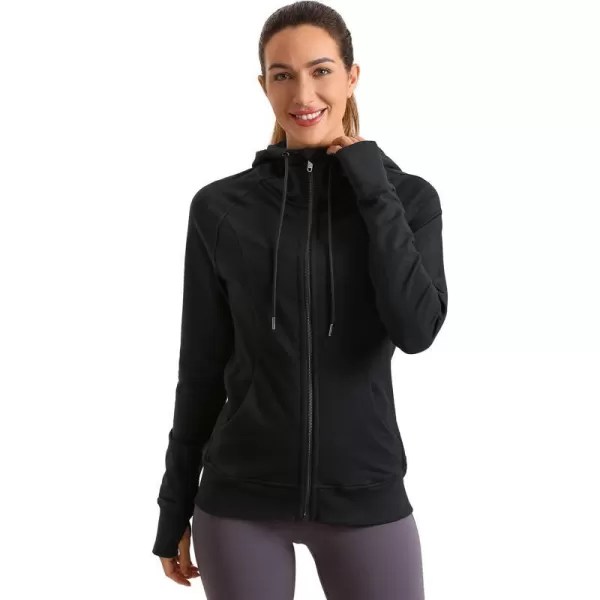 CRZ YOGA Womens Full Zip Hooded Sweatshirts Workout Sweat Jackets Slim Fit Running Track Hoodies with ThumbholesBlack