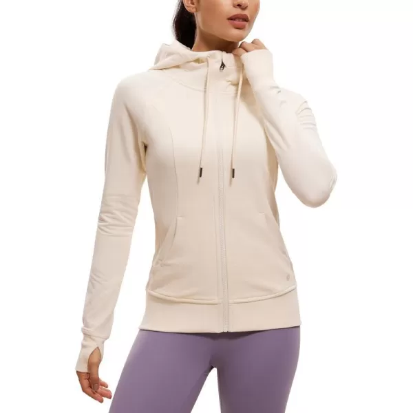 CRZ YOGA Womens Full Zip Hooded Sweatshirts Workout Sweat Jackets Slim Fit Running Track Hoodies with ThumbholesWhite Apricot