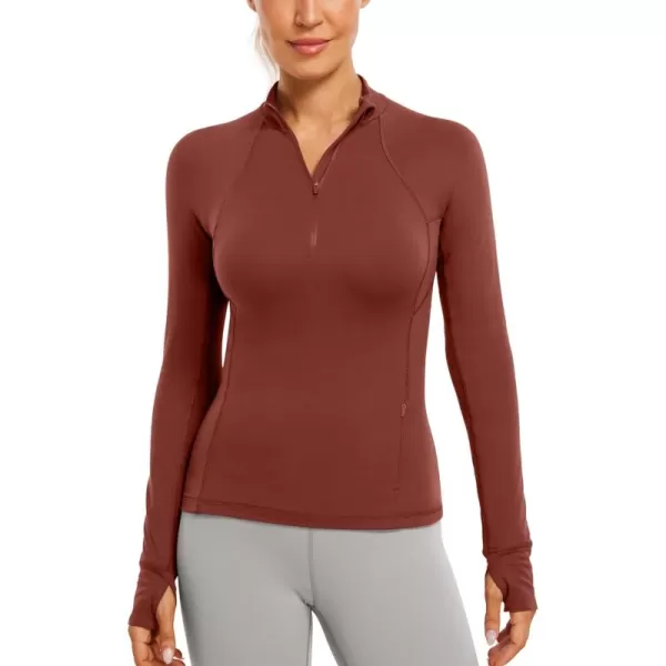 CRZ YOGA Womens Half Zip Long Sleeve Pullover Shirts Slim Fit Workout Yoga Athletic Tops with ThumbholesJujube Brown