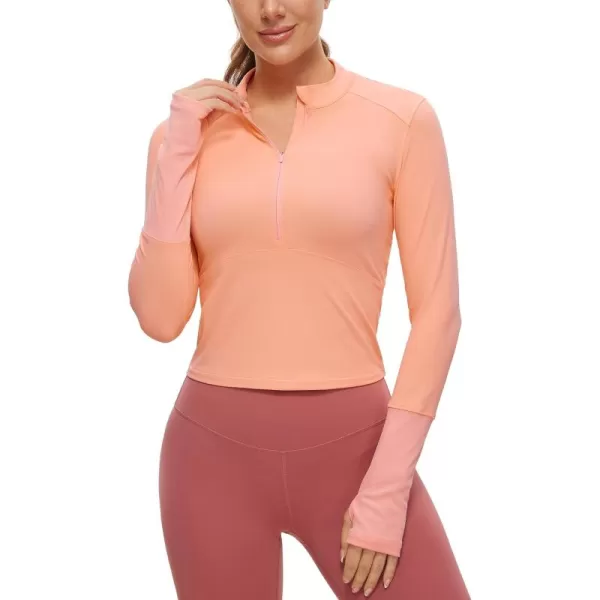 CRZ YOGA Womens Long Sleeve Crop Top Quick Dry Cropped Workout Shirts Half Quarter Zip Pullover Running Athletic Fall ShirtDew Pink