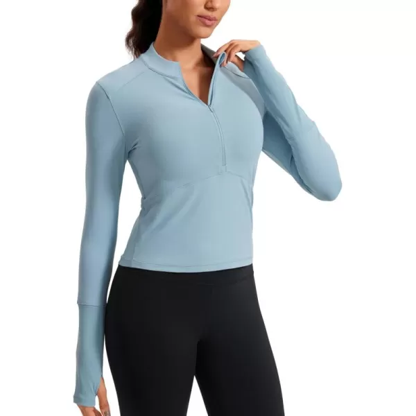 CRZ YOGA Womens Long Sleeve Crop Top Quick Dry Cropped Workout Shirts Half Quarter Zip Pullover Running Athletic Fall ShirtLight Grayish Blue