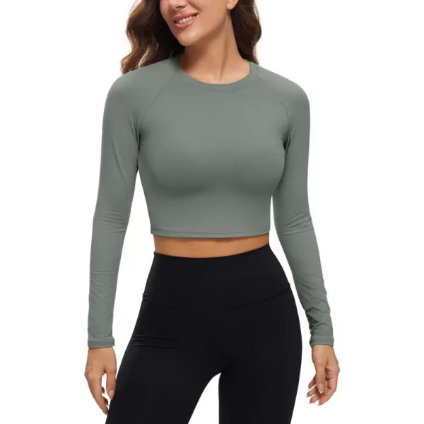 CRZ YOGA Womens Long Sleeve Crop Workout Tops Athletic Yoga Running Cropped Tops Slim Fit Gym ShirtsGrey Sage