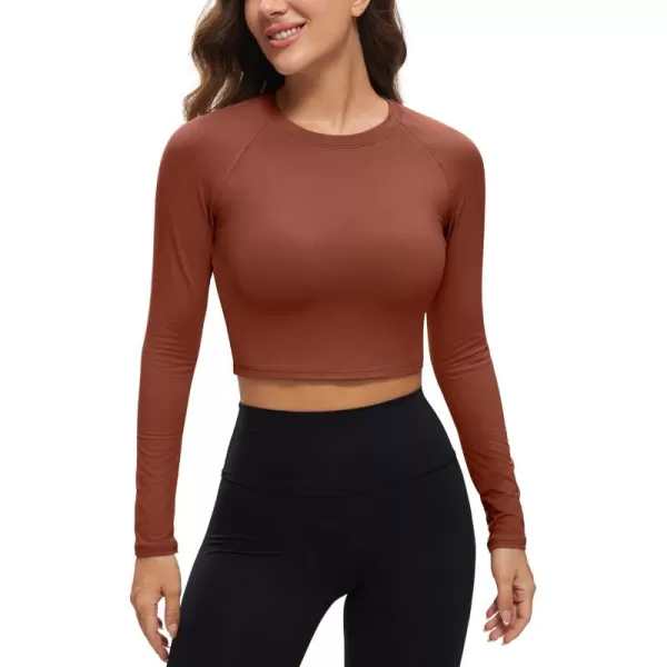 CRZ YOGA Womens Long Sleeve Crop Workout Tops Athletic Yoga Running Cropped Tops Slim Fit Gym ShirtsJujube Brown