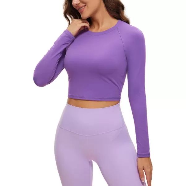 CRZ YOGA Womens Long Sleeve Crop Workout Tops Athletic Yoga Running Cropped Tops Slim Fit Gym ShirtsRoyal Lilac