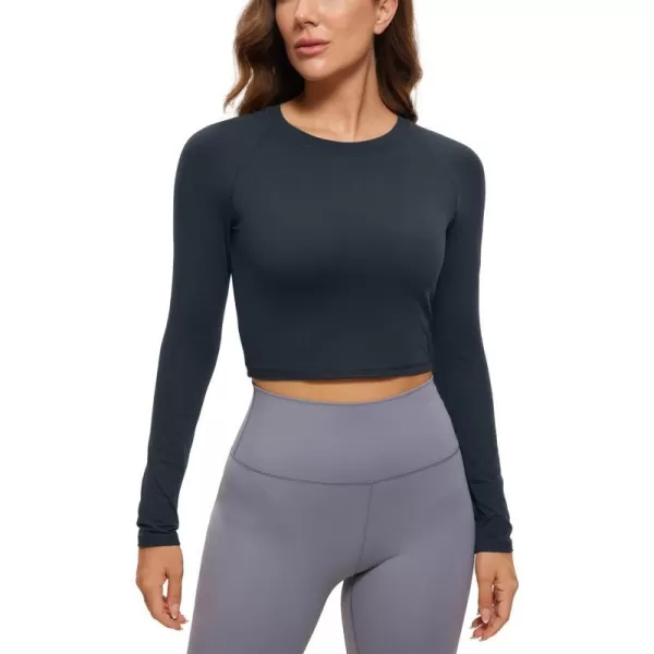 CRZ YOGA Womens Long Sleeve Crop Workout Tops Athletic Yoga Running Cropped Tops Slim Fit Gym ShirtsTrue Navy