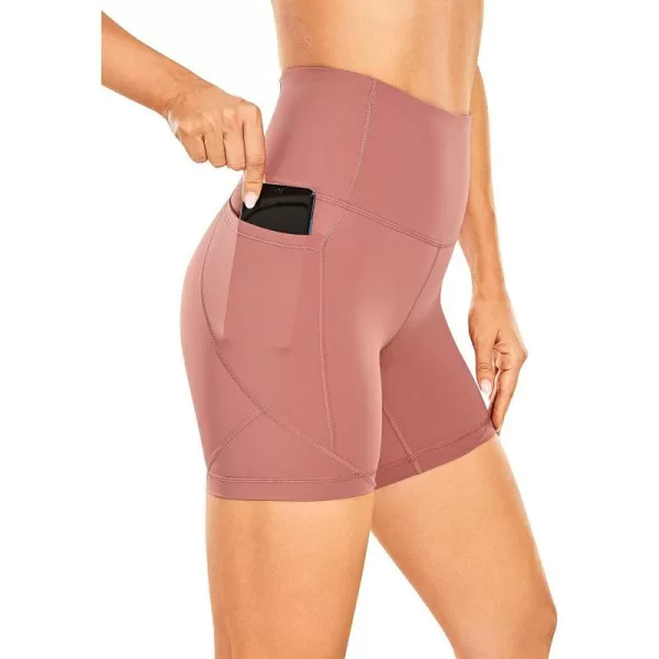 CRZ YOGA Womens Naked Feeling Biker Shorts  5 Inches High Waisted Gym Running Compression Spandex Shorts Side PocketsLight Reddish Brown