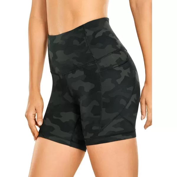 CRZ YOGA Womens Naked Feeling Biker Shorts  5 Inches High Waisted Gym Running Compression Spandex Shorts Side PocketsOlive Camouflage